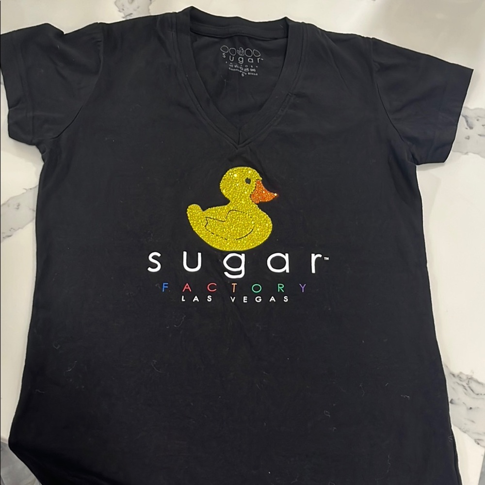 🐥Sugar Factory Black T-Shirt with Yellow crystal Ducky NWOT